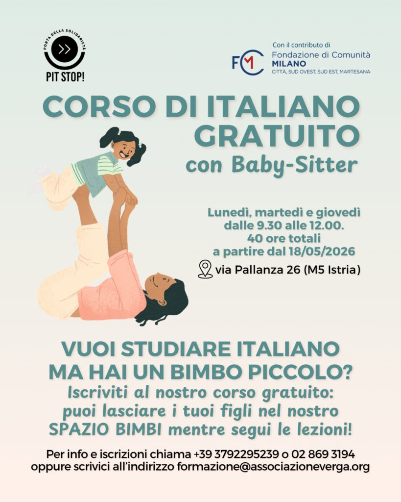 Corso di Italiano gratuito a Milano con servizio Babysitter: iscrizioni aperte! Locandina corso italiano gratuito Milano con servizio babysitter via Pallanza 26.