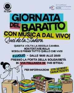 Volantino dell'evento "Giornata del Baratto" a Milano con scritte colorate, illustrazioni di vestiti e scatole, loghi di Porta della Solidariet&agrave; e Fondazione di Comunit&agrave; Milano.
